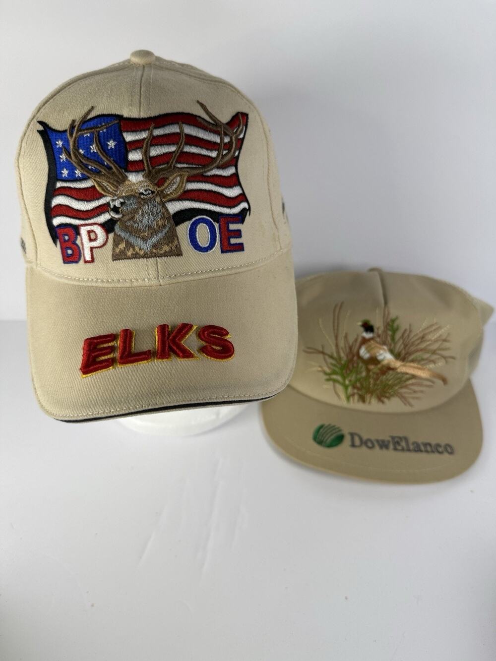 Lot Of 2 Vintage Tan Hunting Hats Elk Cap And Pheasant Trucker Hat